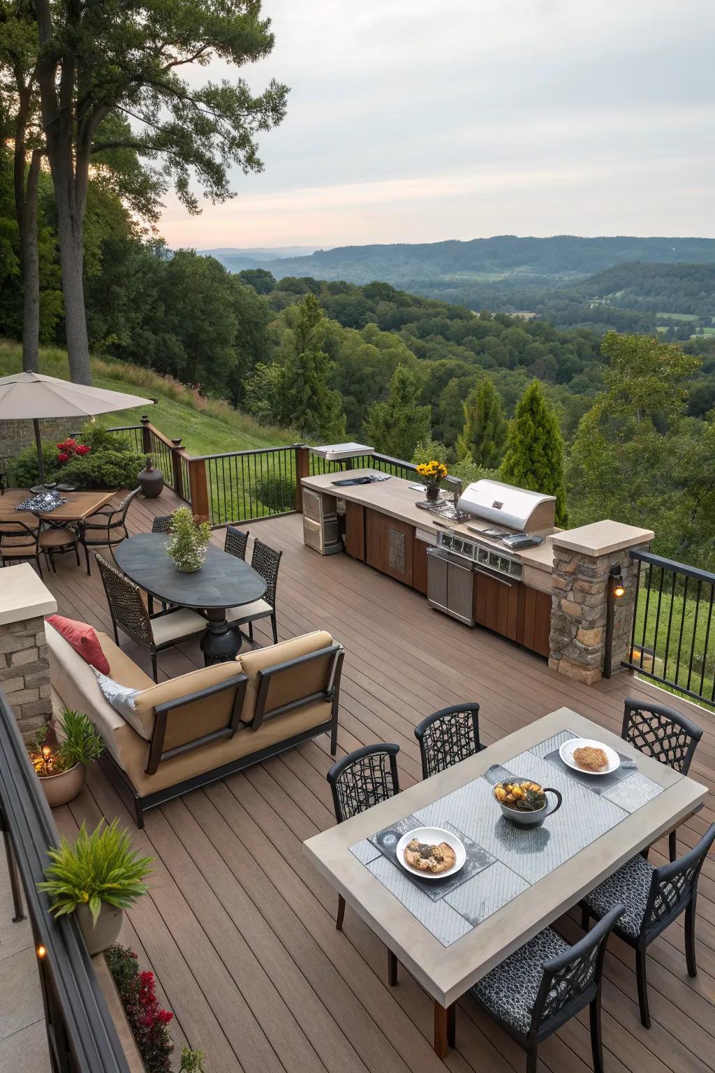 A deck with distinct zones for varied outdoor activities.