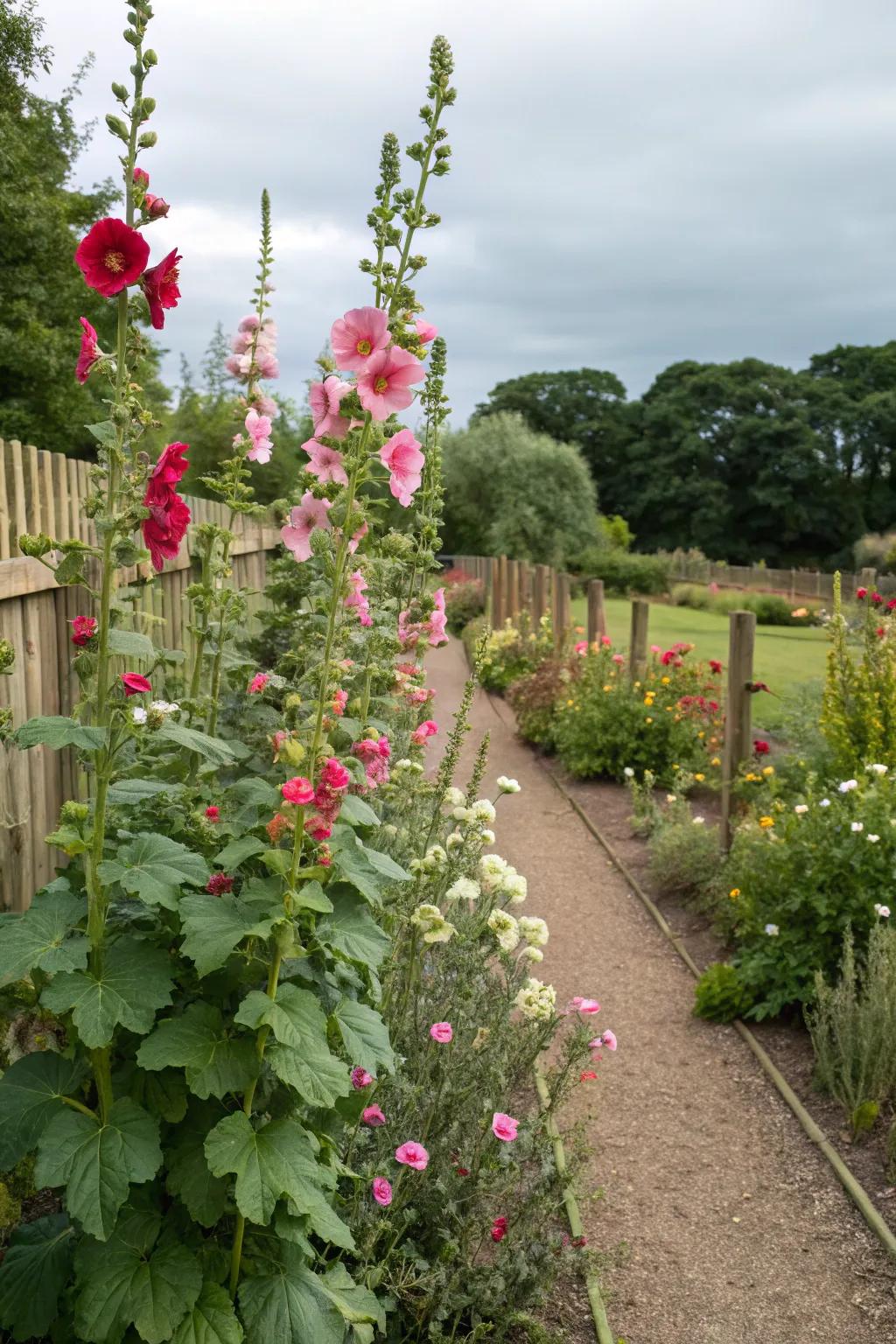 Hollyhocks in a wild garden setting, blending seamlessly with nature.