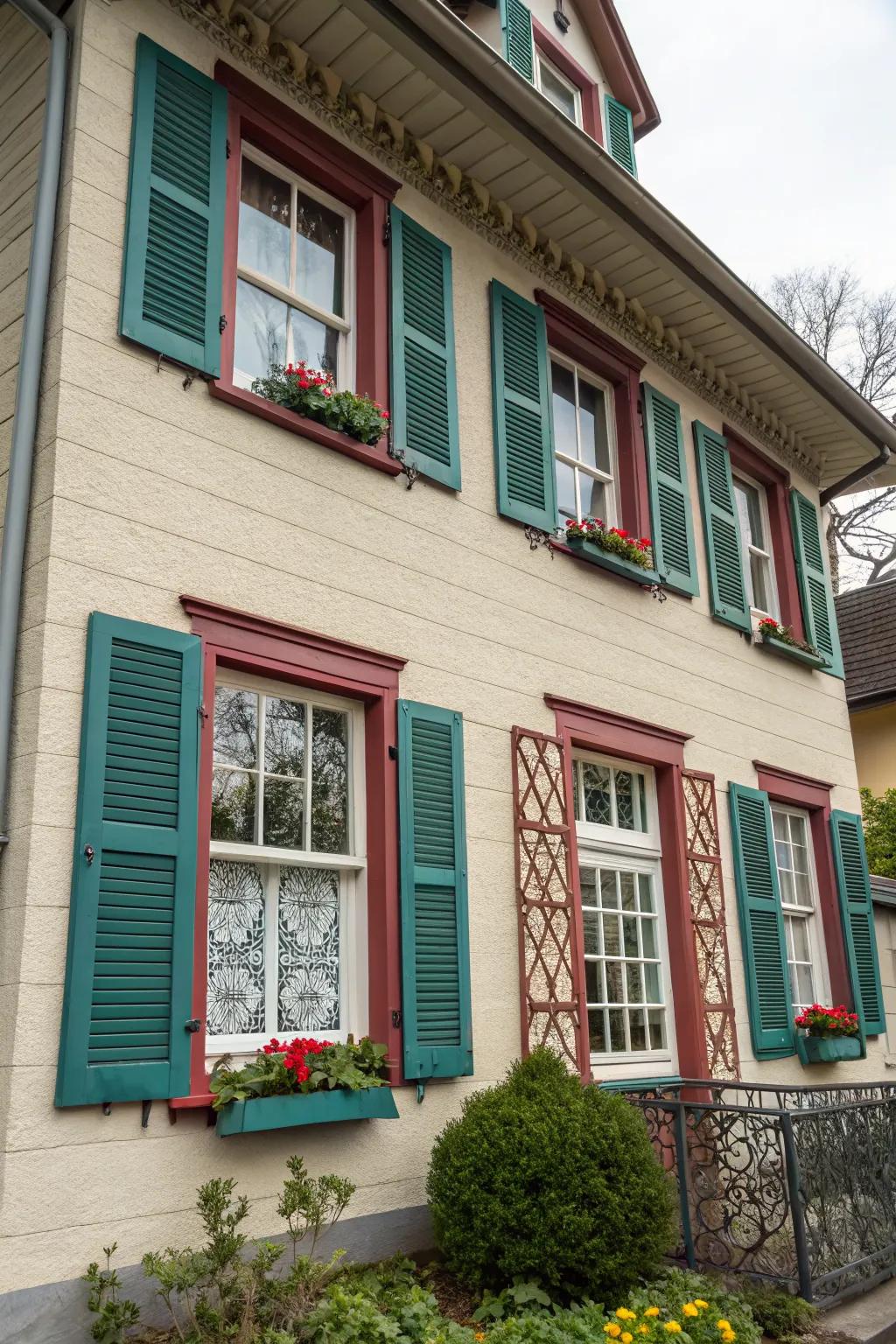 Decorative shutters adding charm and character to the house windows.