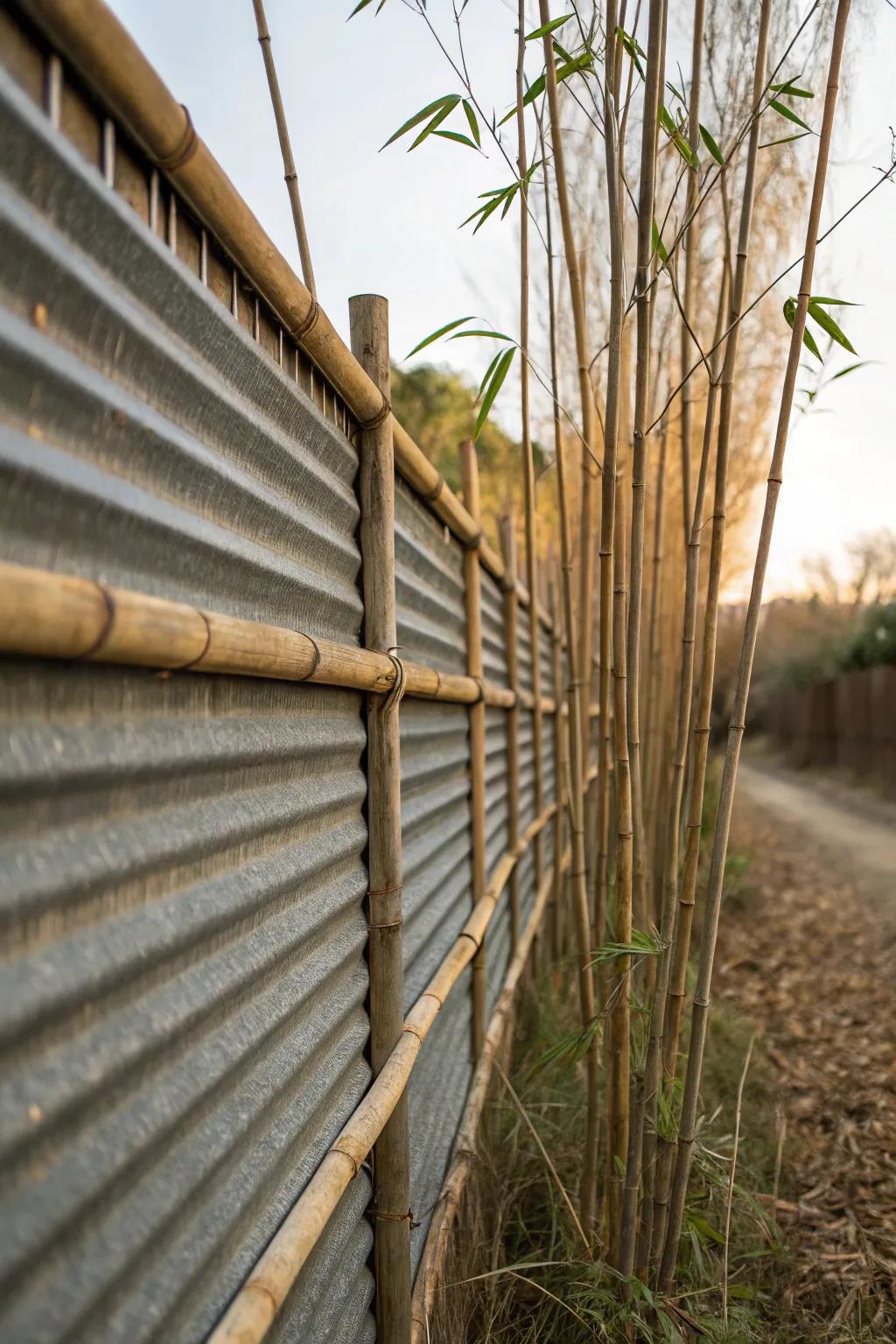 Layer materials like bamboo over your metal fence for added depth and texture.
