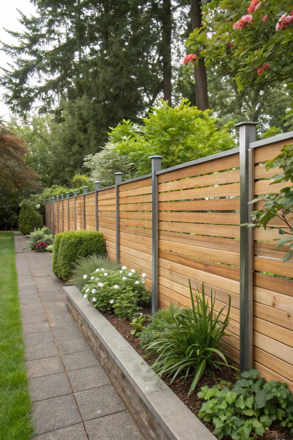 Cedar's natural beauty shines alongside sturdy metal posts.