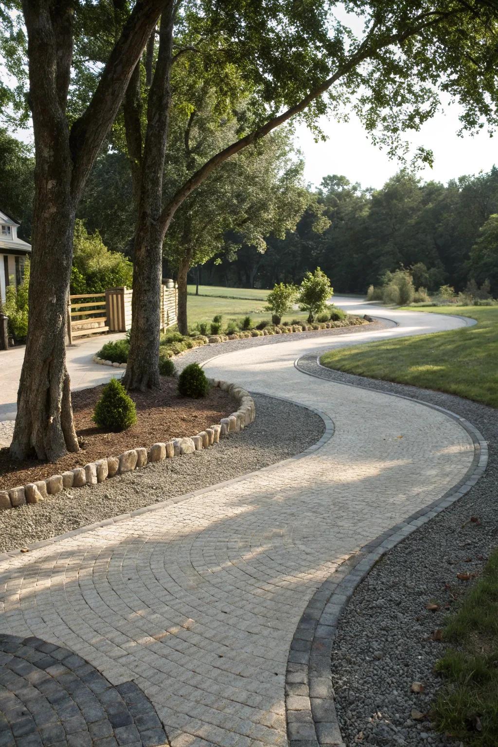 A creative combination of gravel and pavers in a horseshoe driveway.