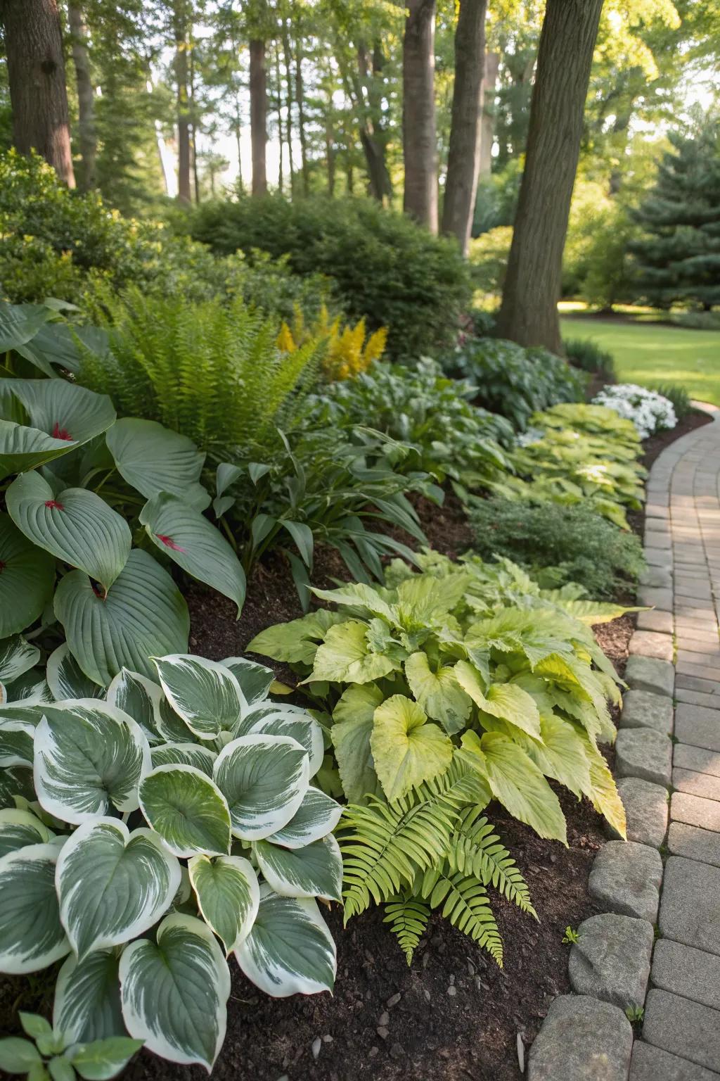 A display of diverse hosta and fern foliage.