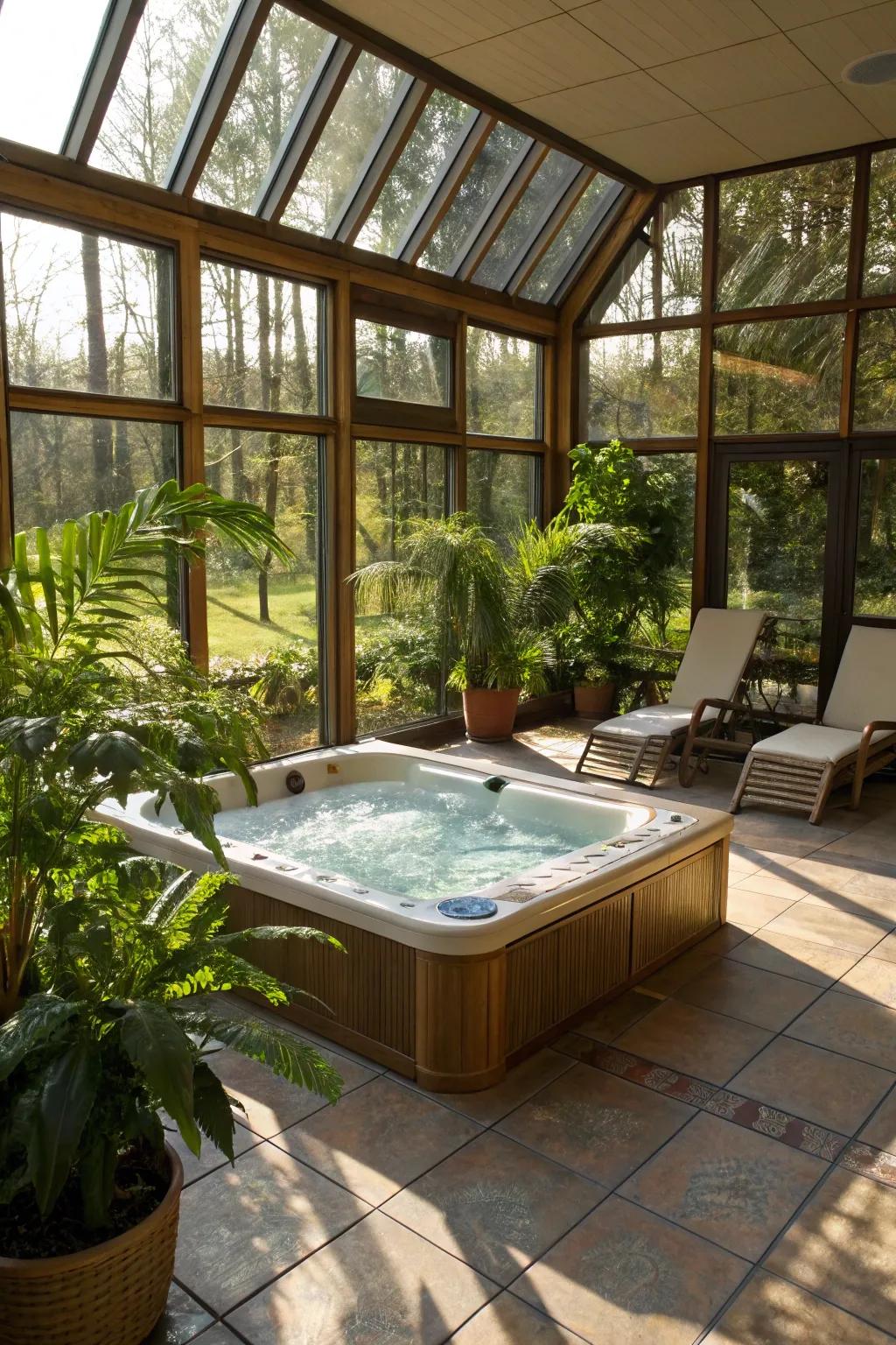 A sunroom offers a bright and cozy spot for this indoor hot tub.