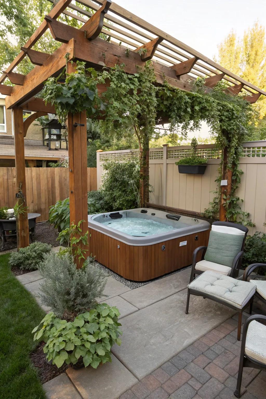A pergola adds style and shade to the hot tub area.