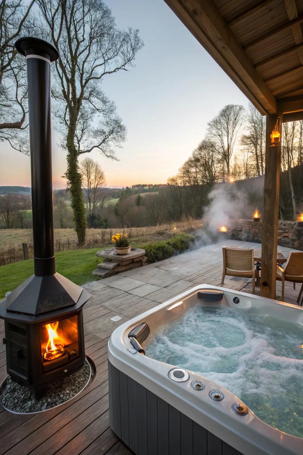 Stay warm and cozy with a fireplace near your hot tub.