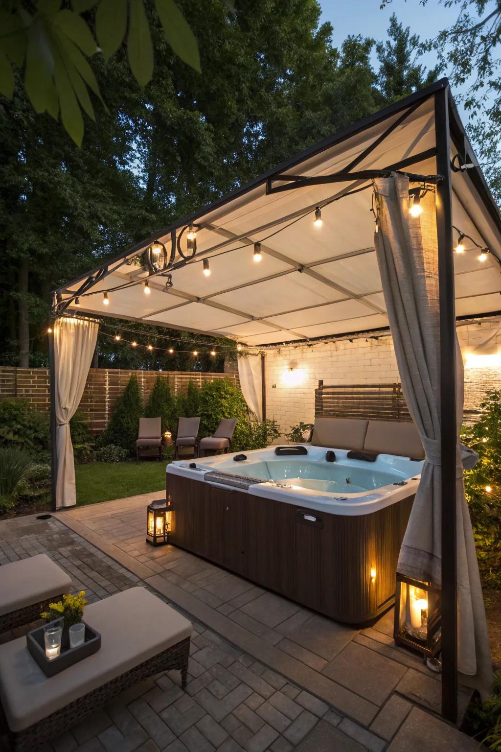 A canopy offers shade and protection for a comfortable soak.