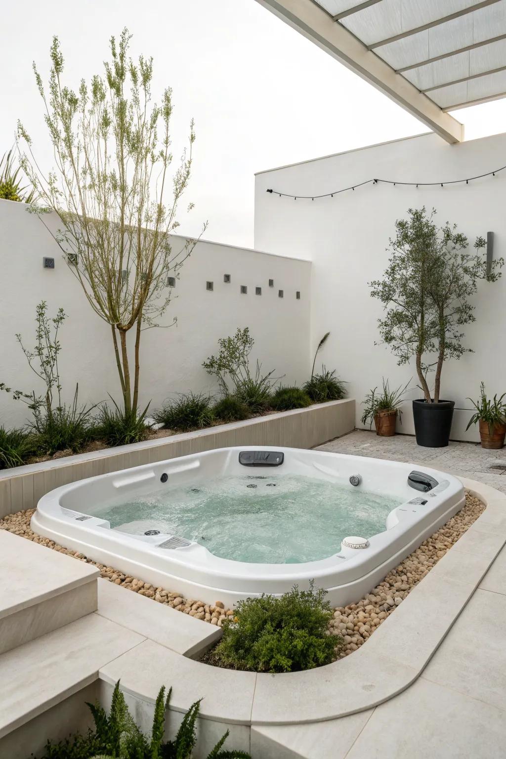 A minimalistic design fosters a calming and serene hot tub experience.