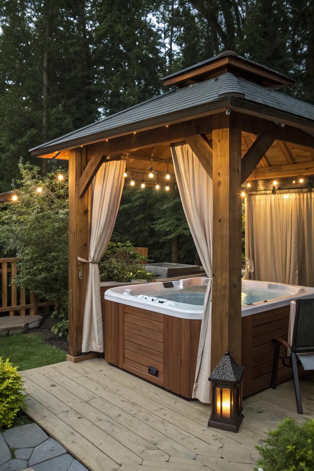 A wooden gazebo offers elegant and sturdy shade over the hot tub.
