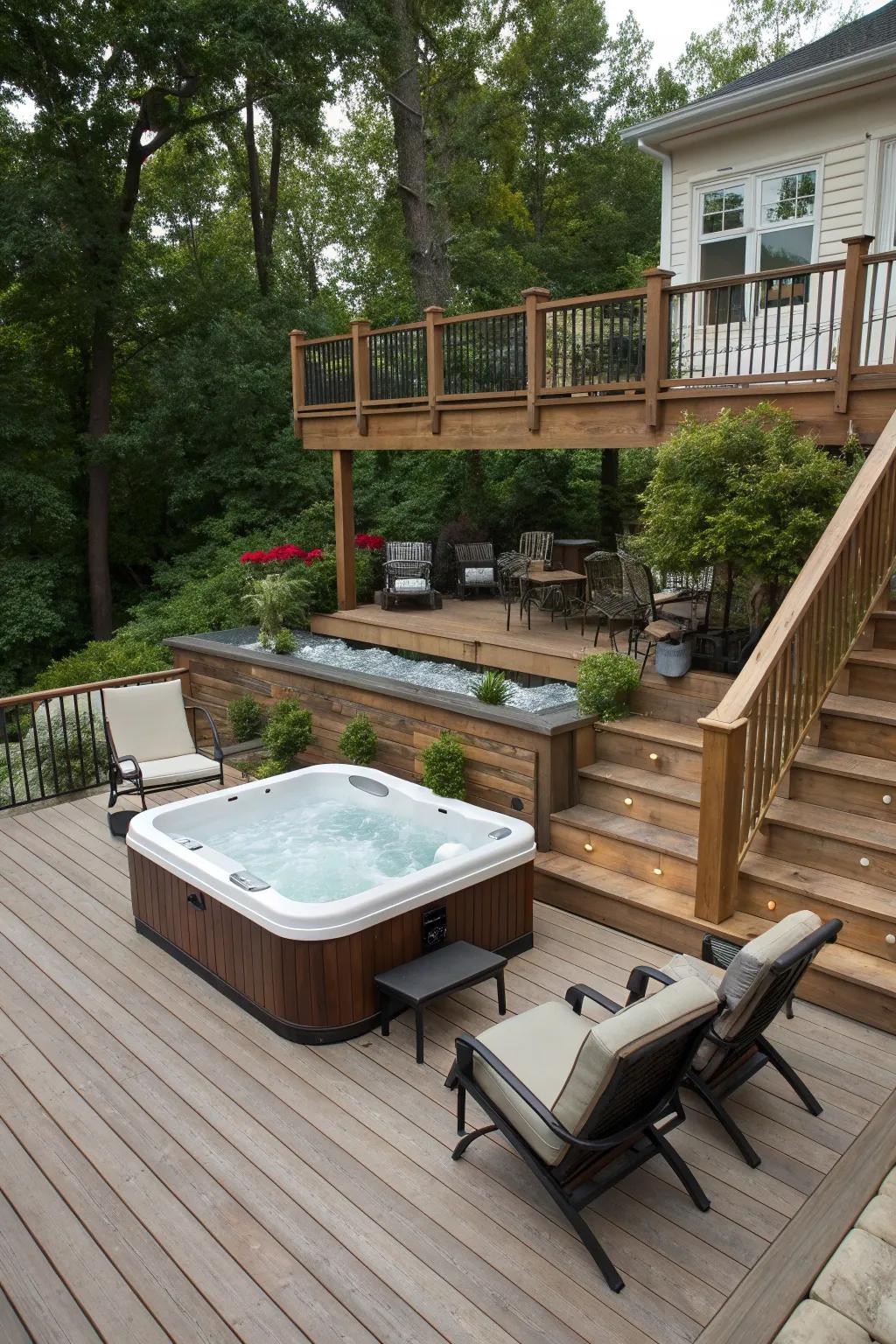 Multi-level design adds dimension and functionality to this hot tub area.
