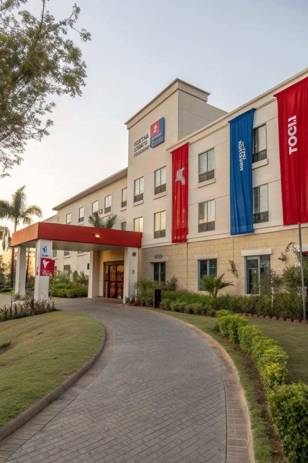 Bold color accents infuse personality into the hotel's exterior.