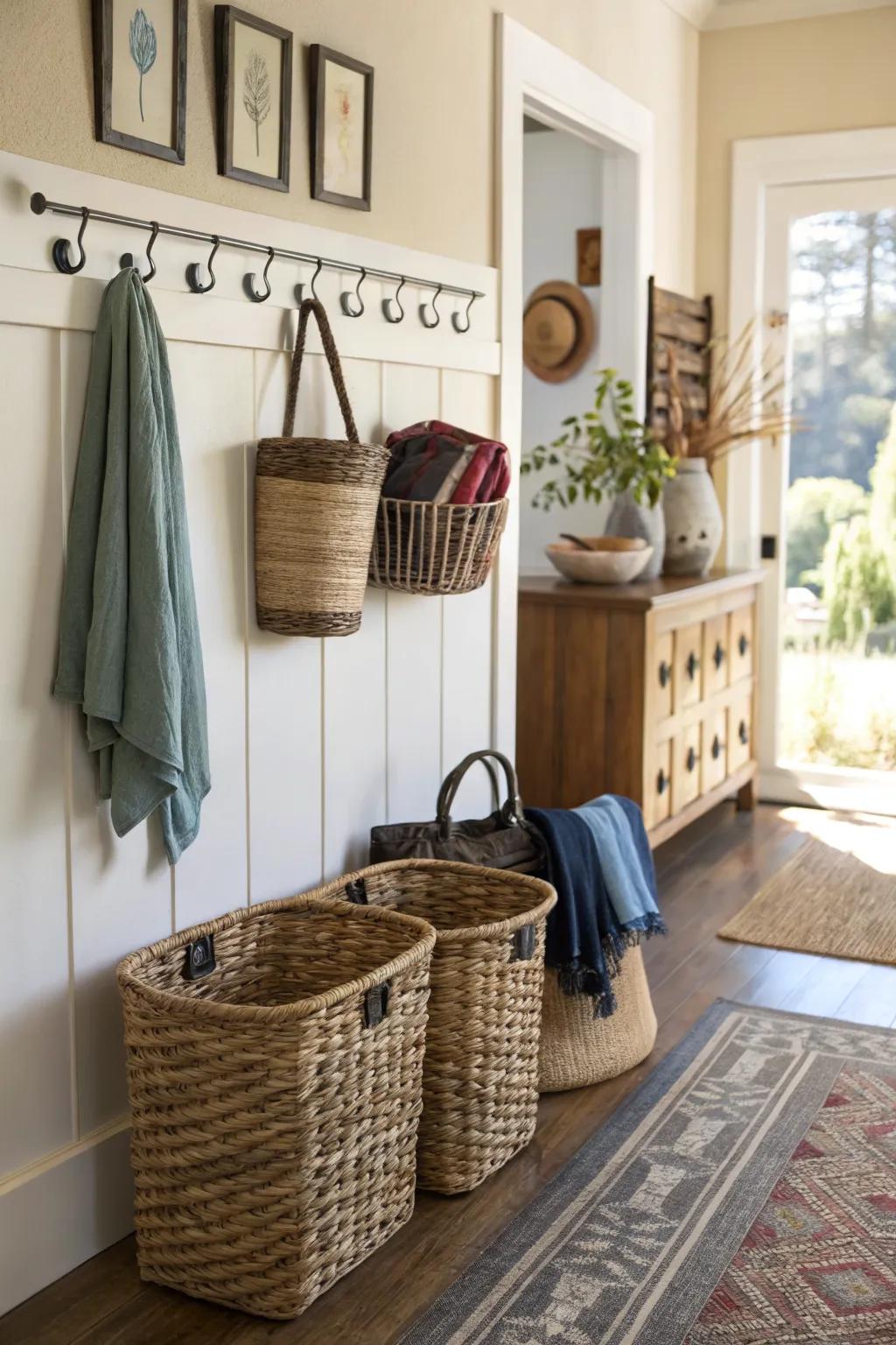 Woven baskets and wall hooks provide stylish storage in the entryway.