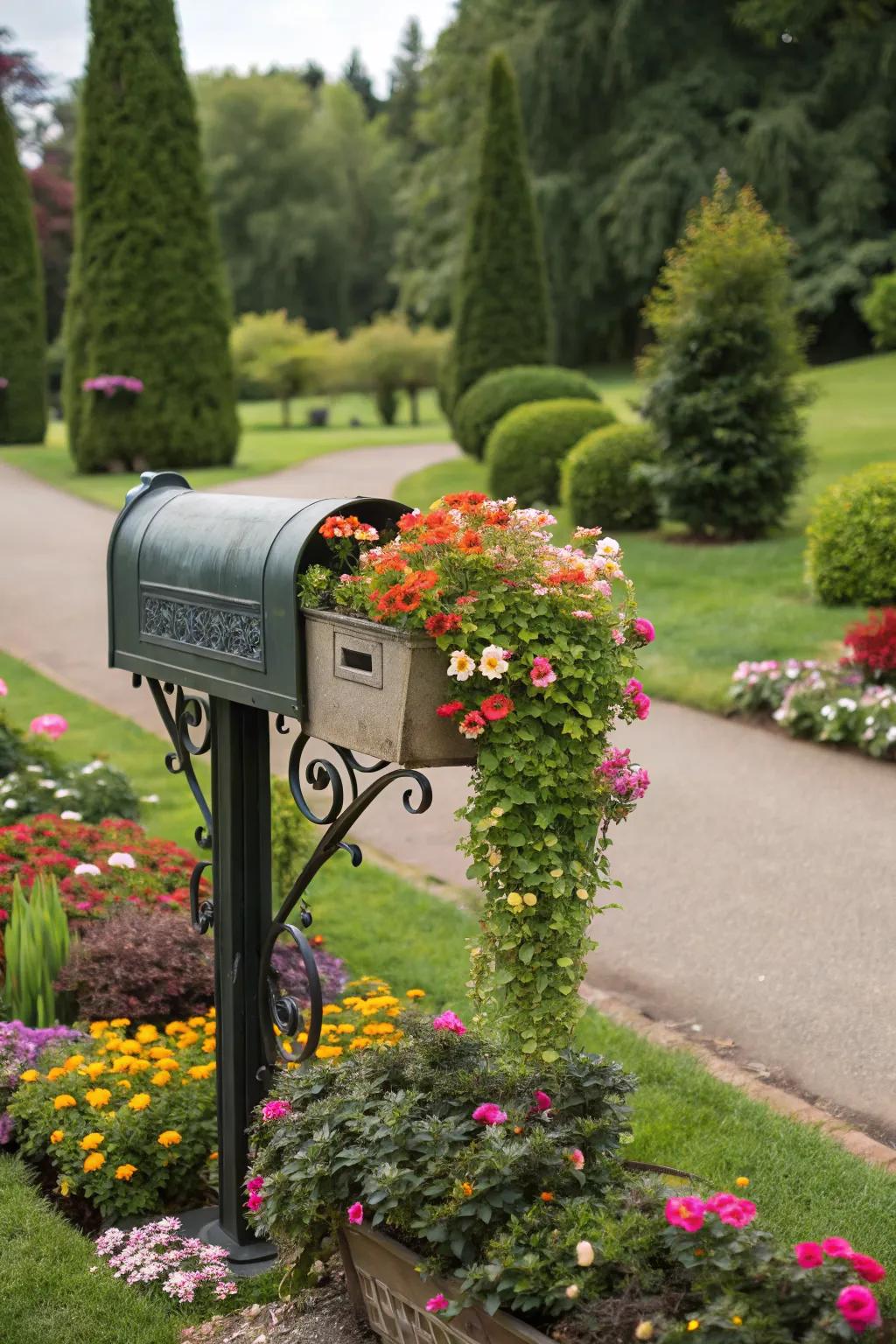 A mailbox with a planter box that brings additional greenery