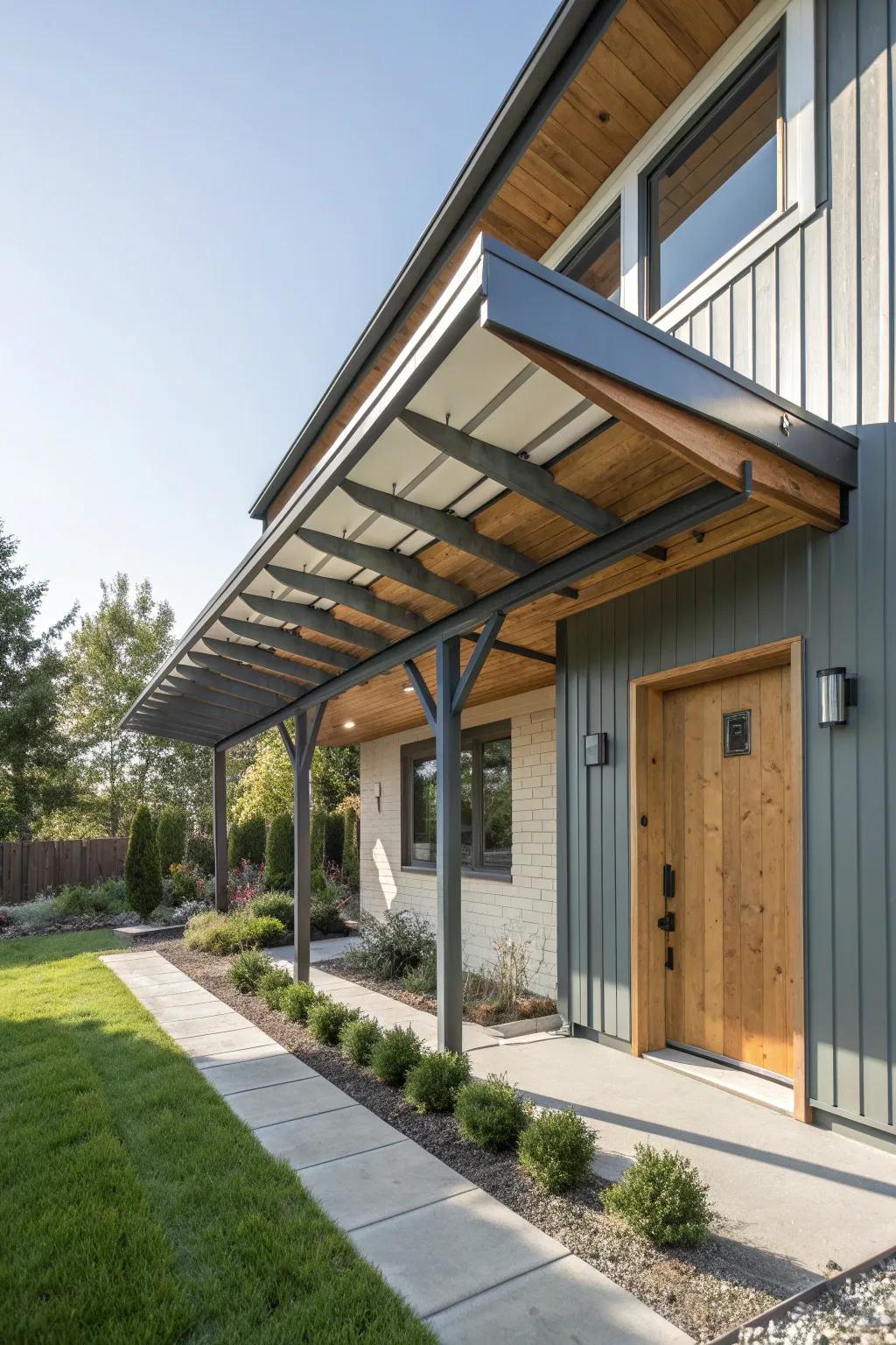 A striking overhang with contrasting materials for visual interest.