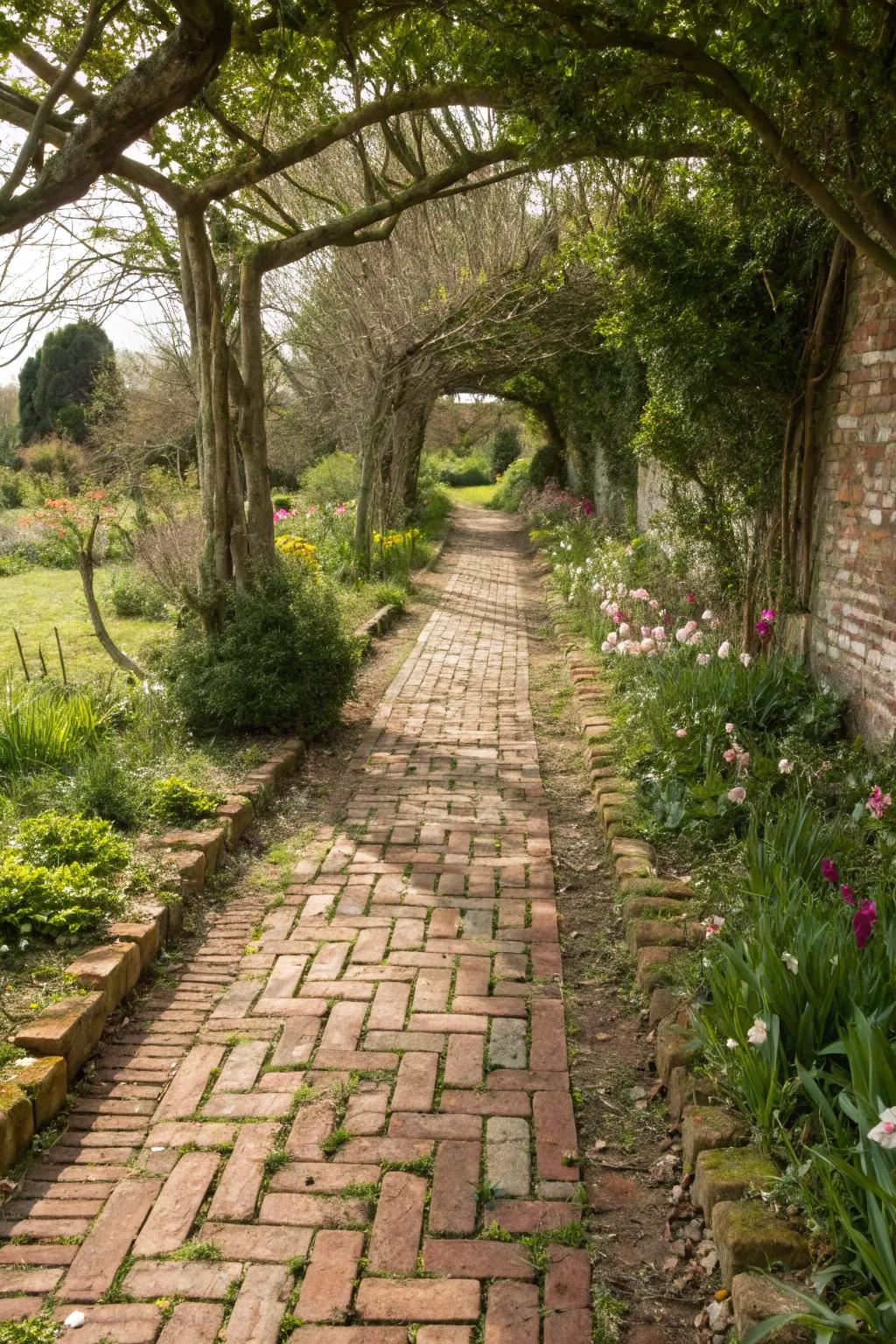 A nostalgic brick pathway adds warmth and character to the garden.