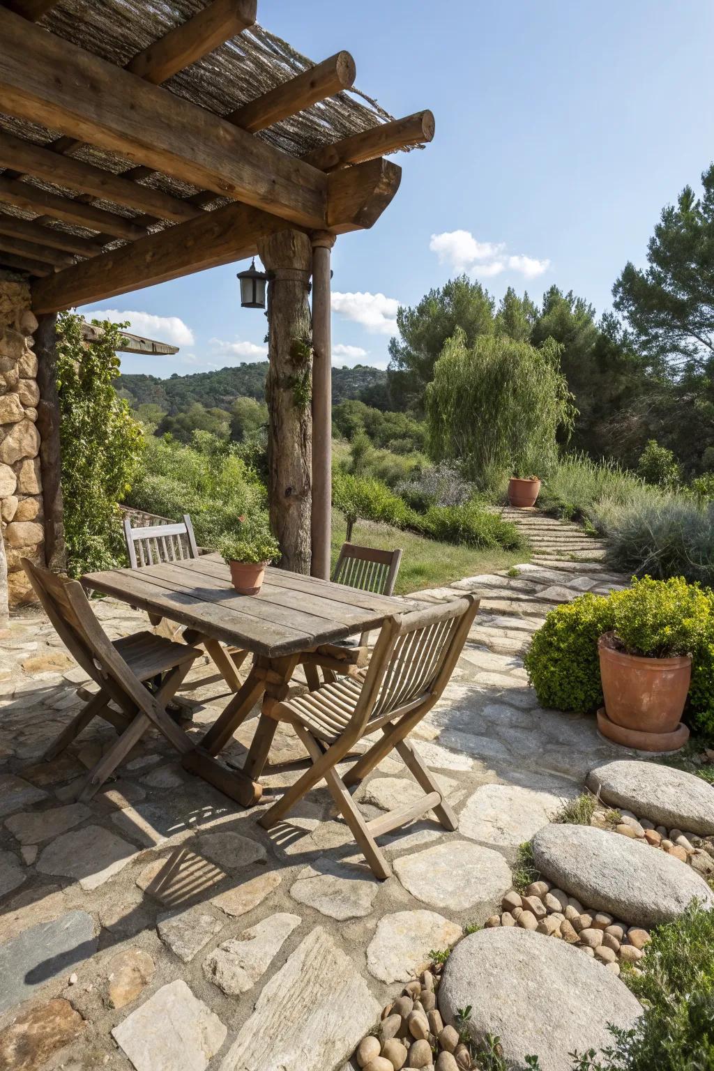 A patio exuding rustic charm with wood and stone elements.