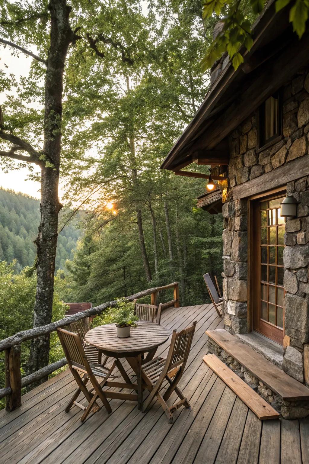A rustic deck design that blends beautifully with natural surroundings.