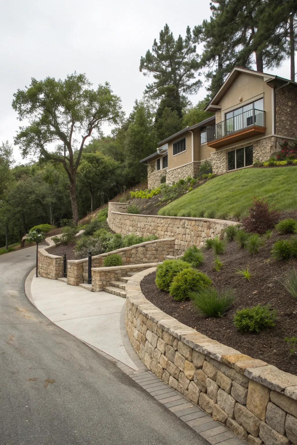A unique split-level driveway adding depth to a sloped property.