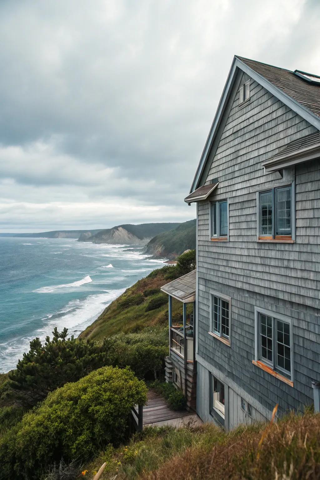 A coastal home with naturally weathered gray wood siding.