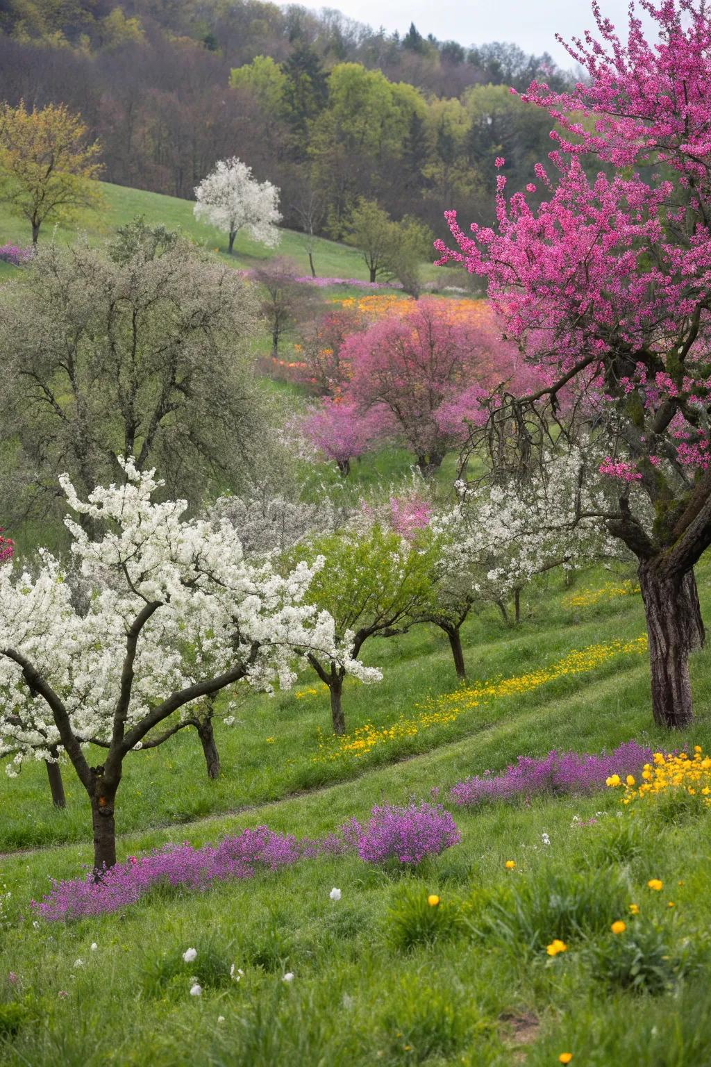 Diverse fruit trees thriving together in a garden