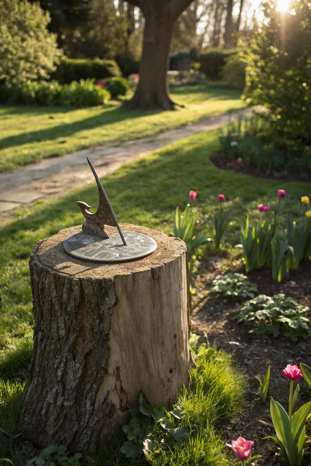 Add timeless charm with a sundial tree stump.