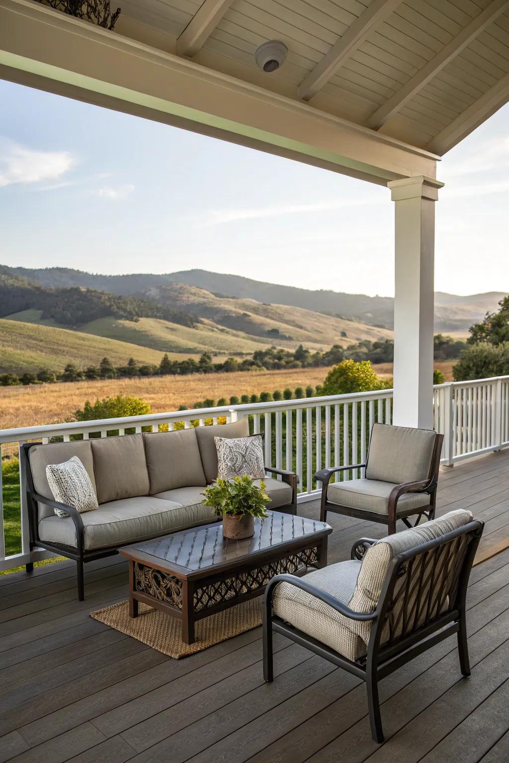 A porch featuring durable yet stylish outdoor furniture.