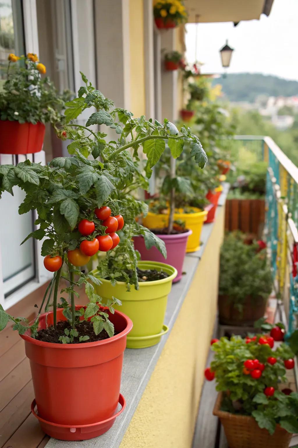Colorful pots add personality and vibrancy to your tomato garden.