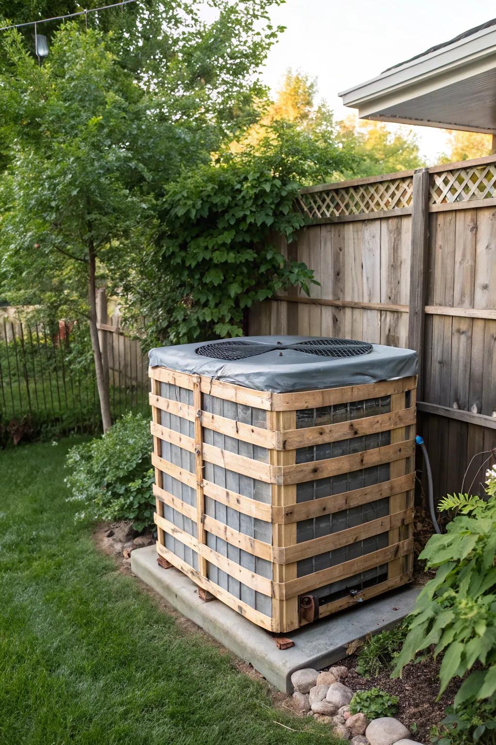 DIY pallet covers offer a rustic charm and practical solution for hiding AC units.