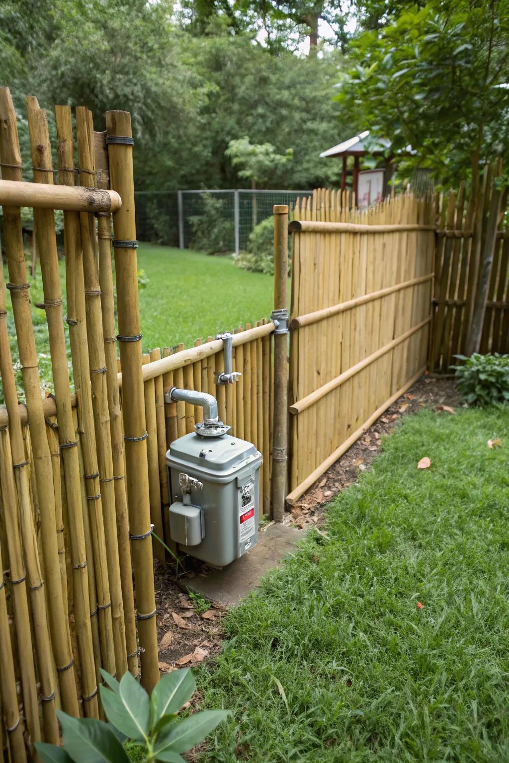 Bamboo fencing adds an exotic touch while hiding a gas meter.