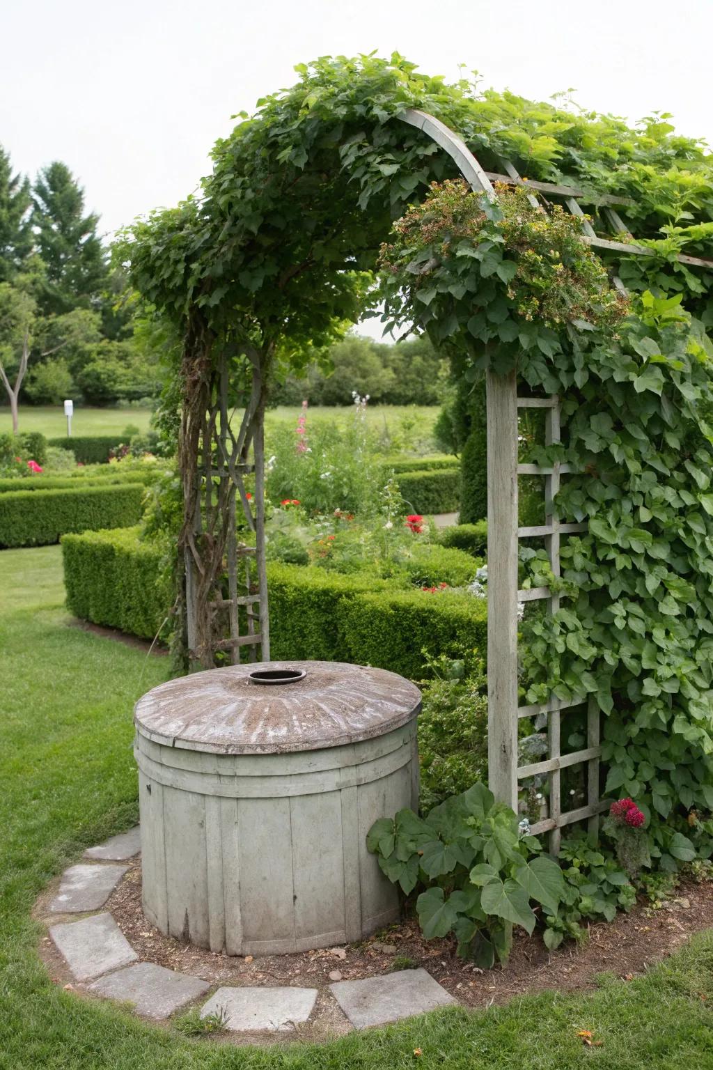 A trellis with vines adds greenery and privacy, hiding septic tank risers elegantly.