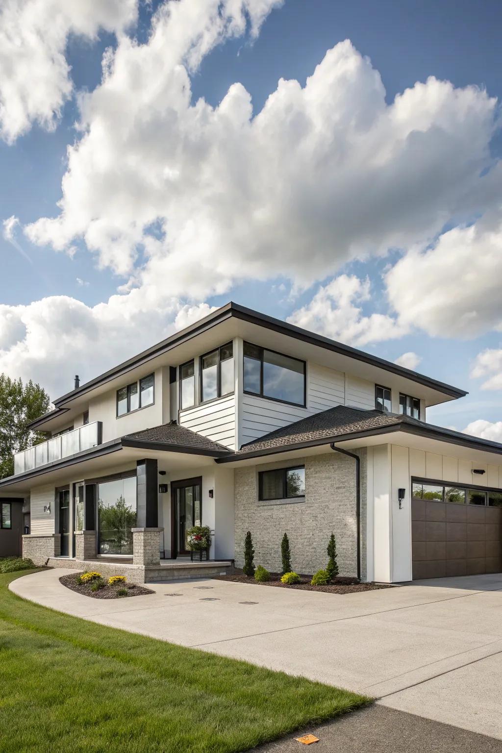 A refined roofline gives this split-level home a sleek appearance.
