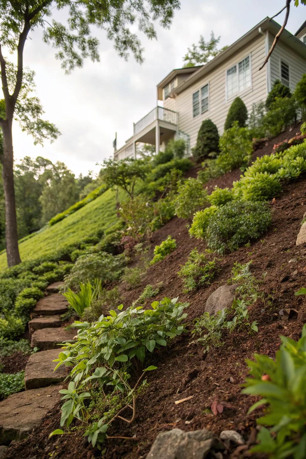 A sloped yard stabilized by a variety of deep-rooted shrubs and trees.