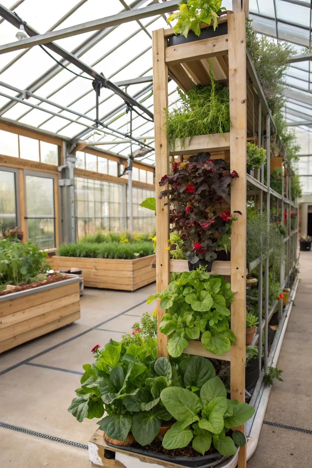 Vertical gardening maximizes space in a winter greenhouse.