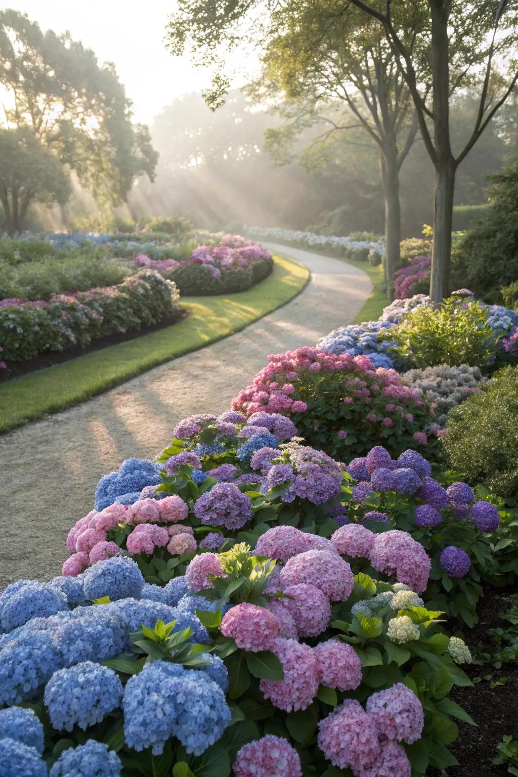 Bold blocks of hydrangea colors make a striking statement in garden design.