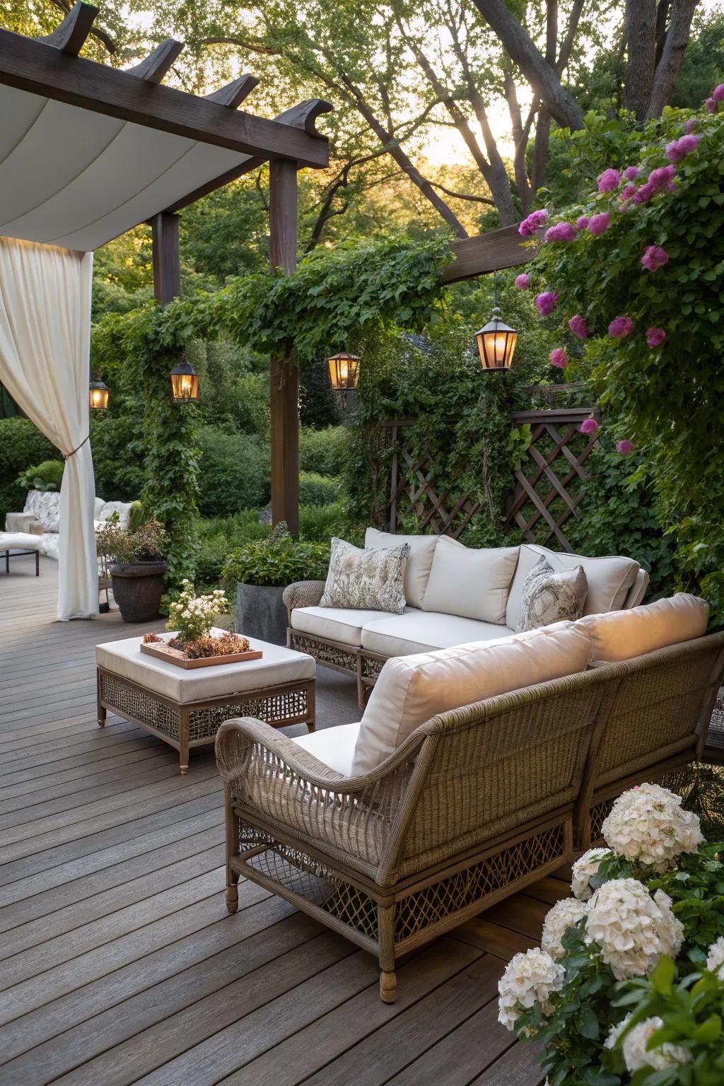 A garden deck enhanced with luxurious, comfortable furniture.