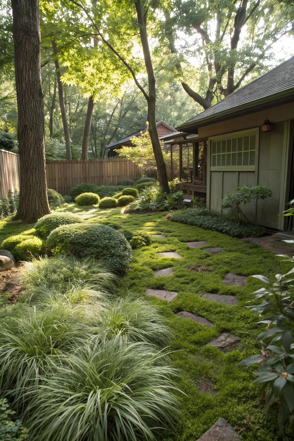 Japanese forest grass illuminating a shaded garden area with its vibrant foliage.