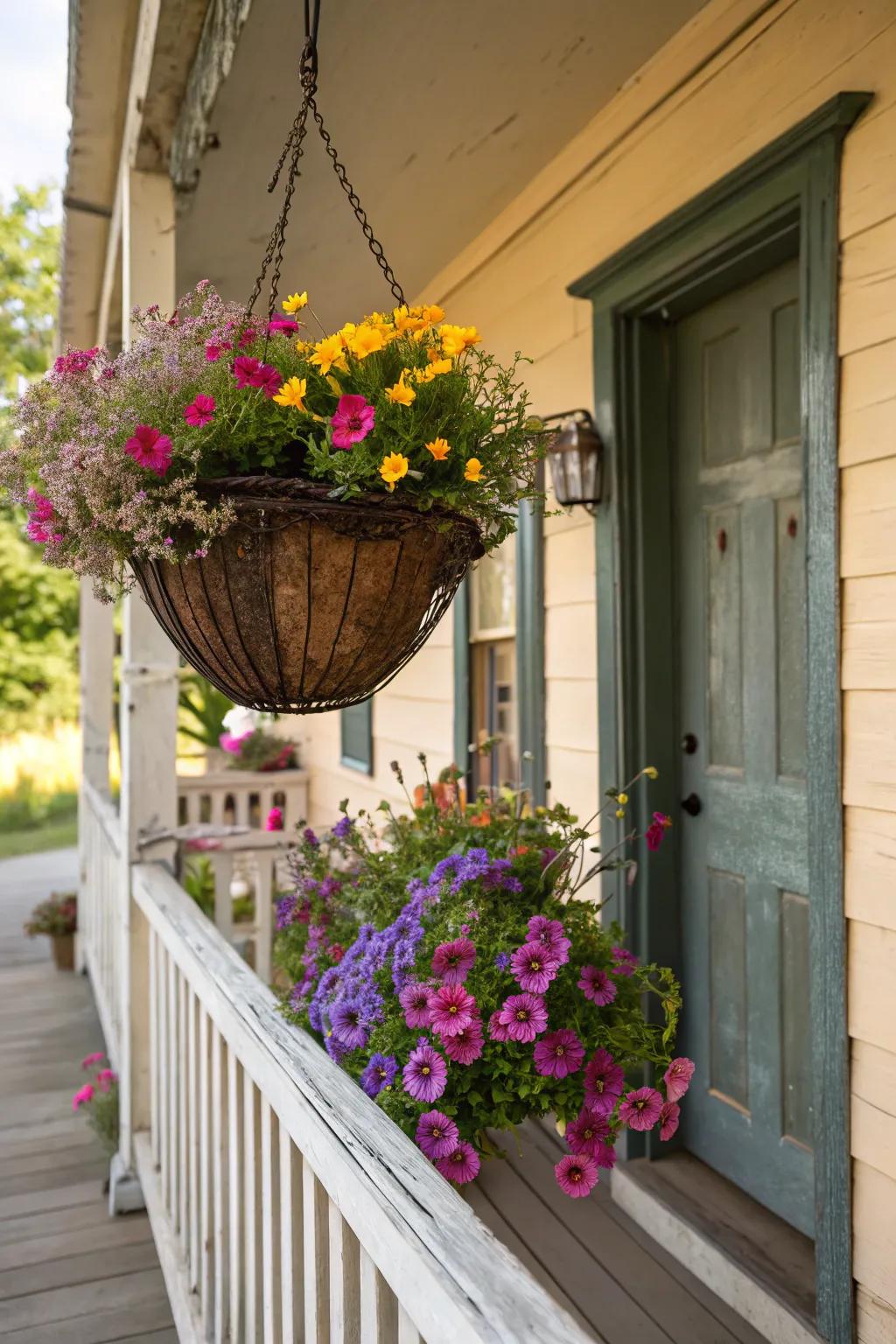 Charming vintage-style hanging basket.