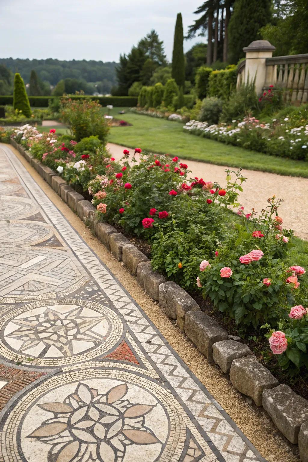 Stone mosaic borders add artistic flair to your garden edges.