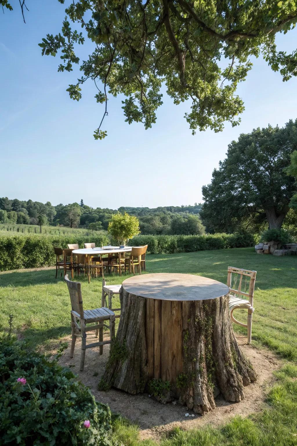 A tree stump cleverly repurposed as a table base.