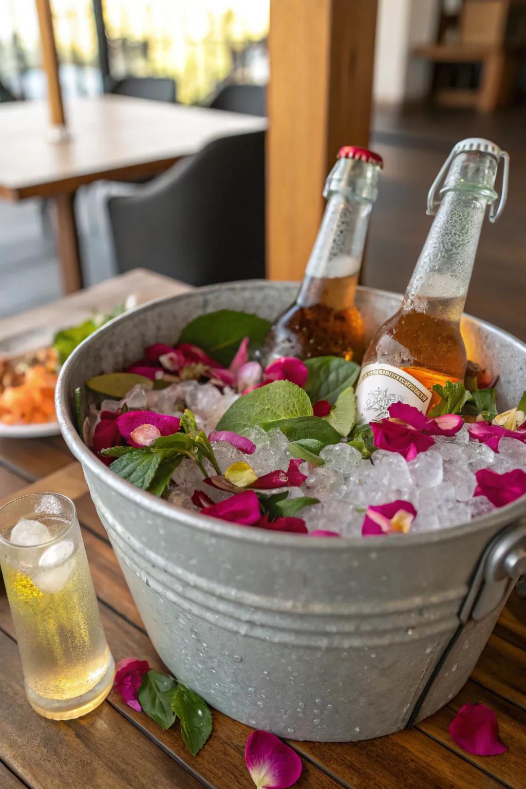 A floral ice bucket adds elegance to your drink station.