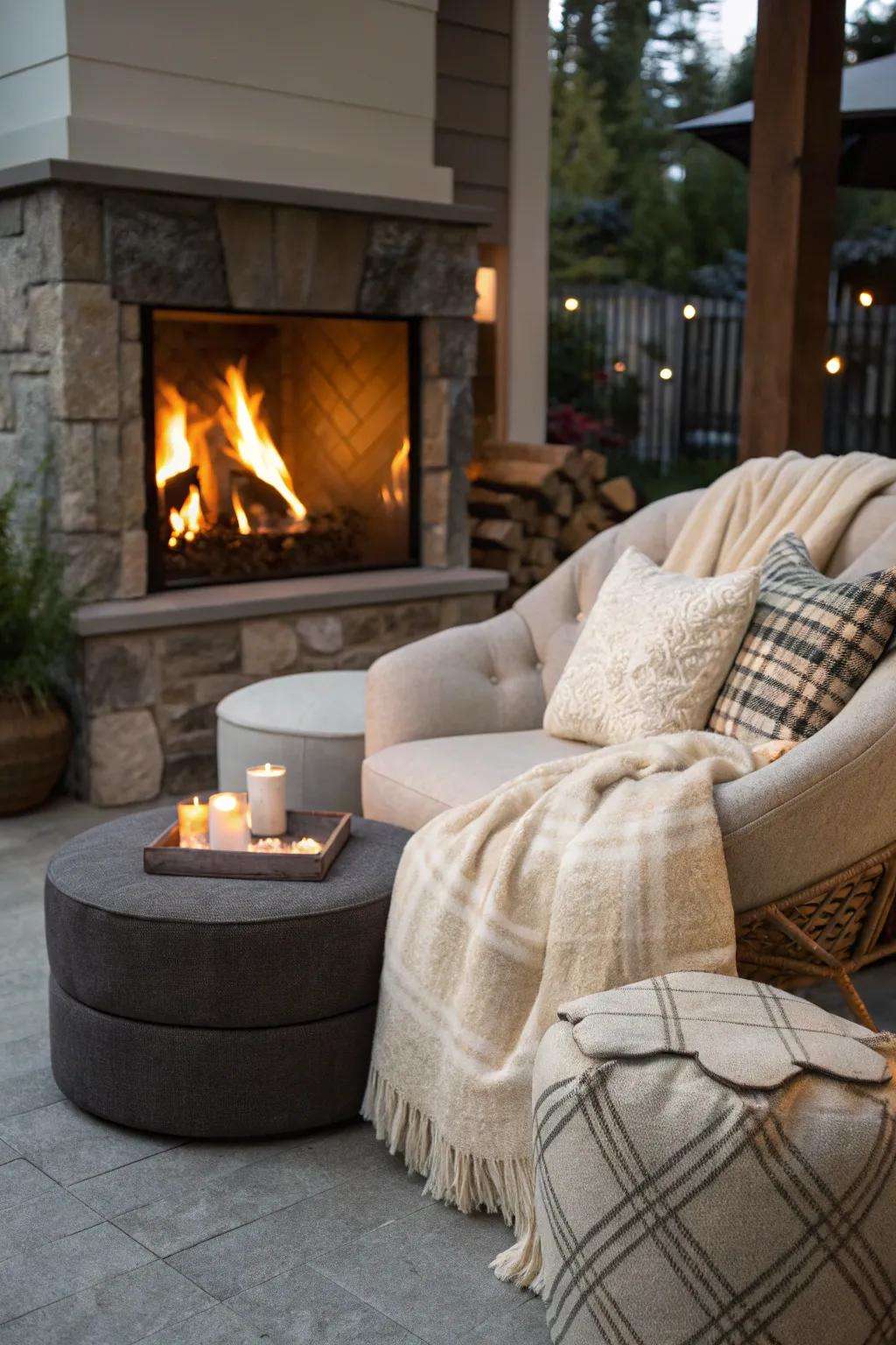 A cozy seating area transforms a fireplace into a social hub for relaxation and enjoyment.
