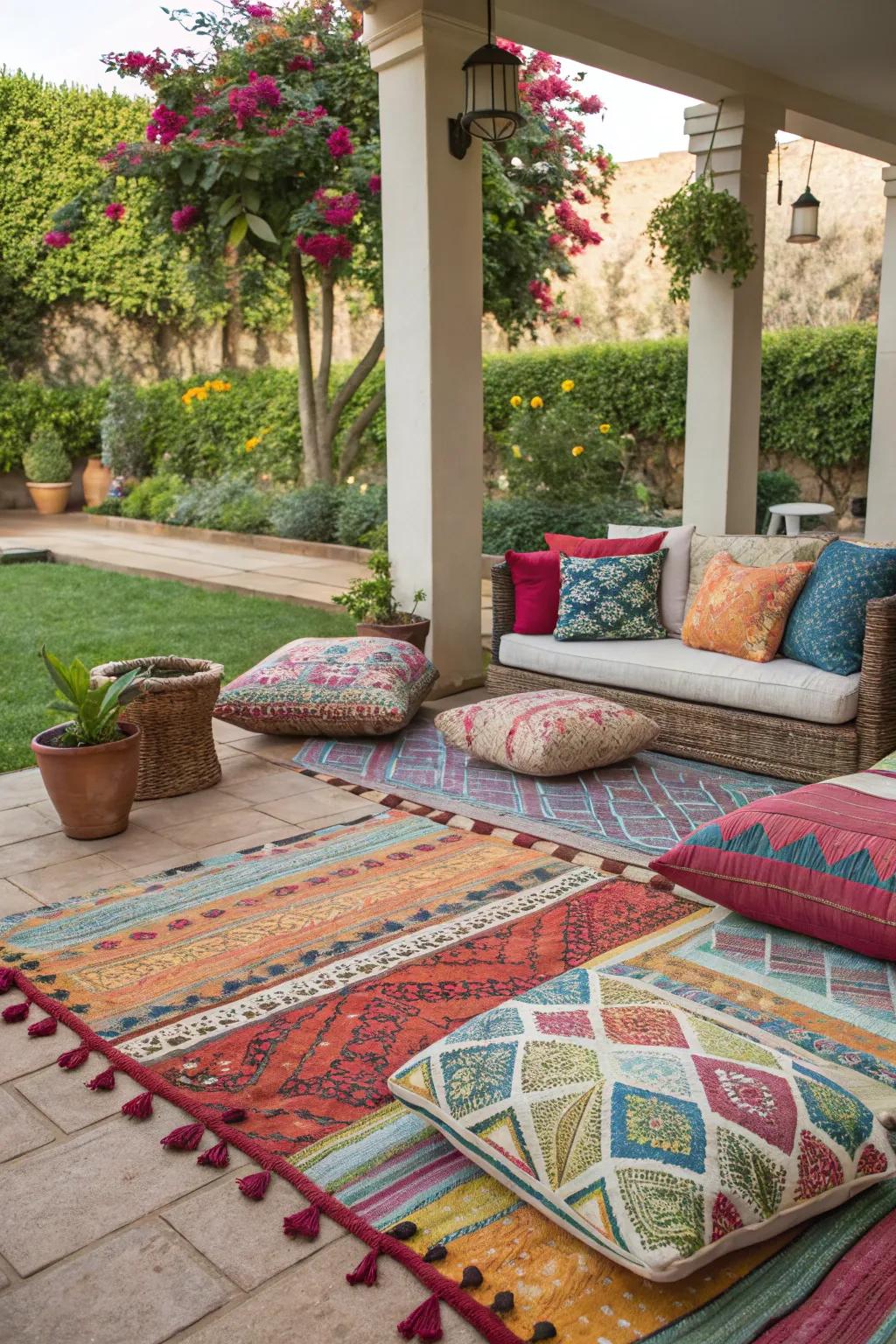 Patio decorated with colorful rugs and cushions