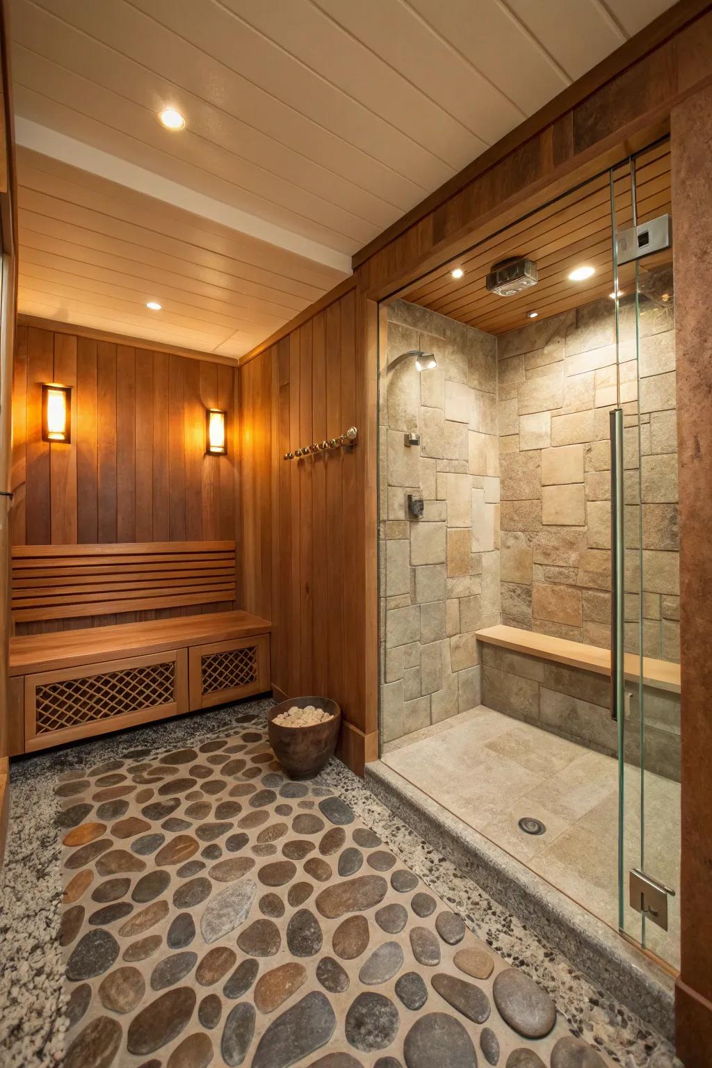 A luxurious spa-like shower with stone and teak.