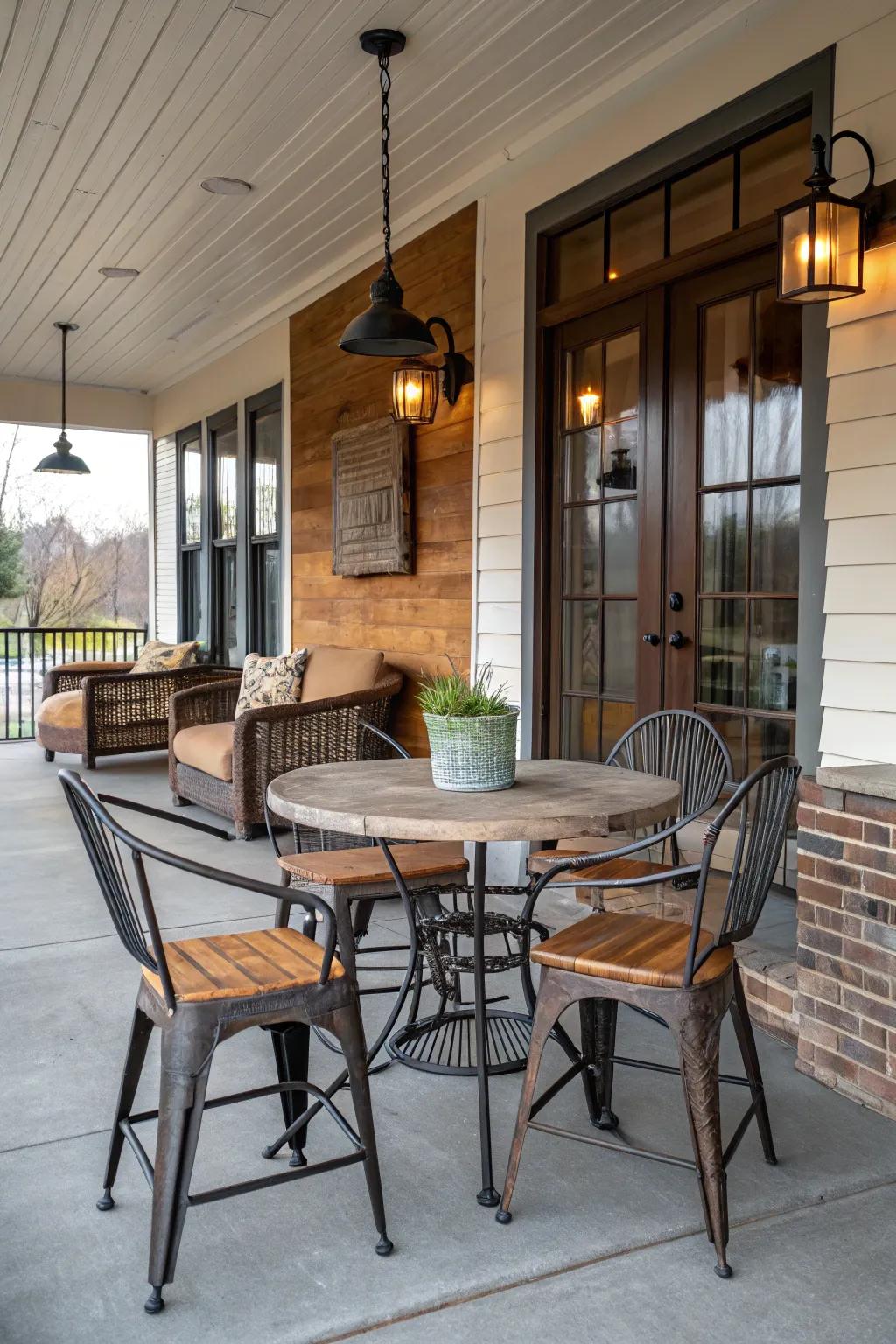 Combining modern and rustic elements creates an eclectic porch style.