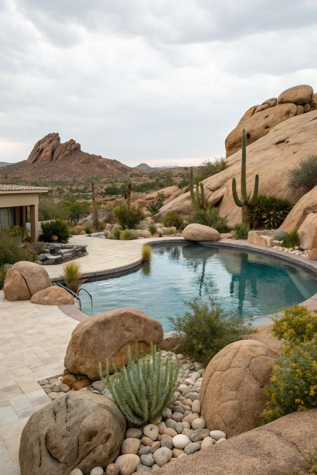 Desert landscaping offers a striking and low-maintenance poolside design.