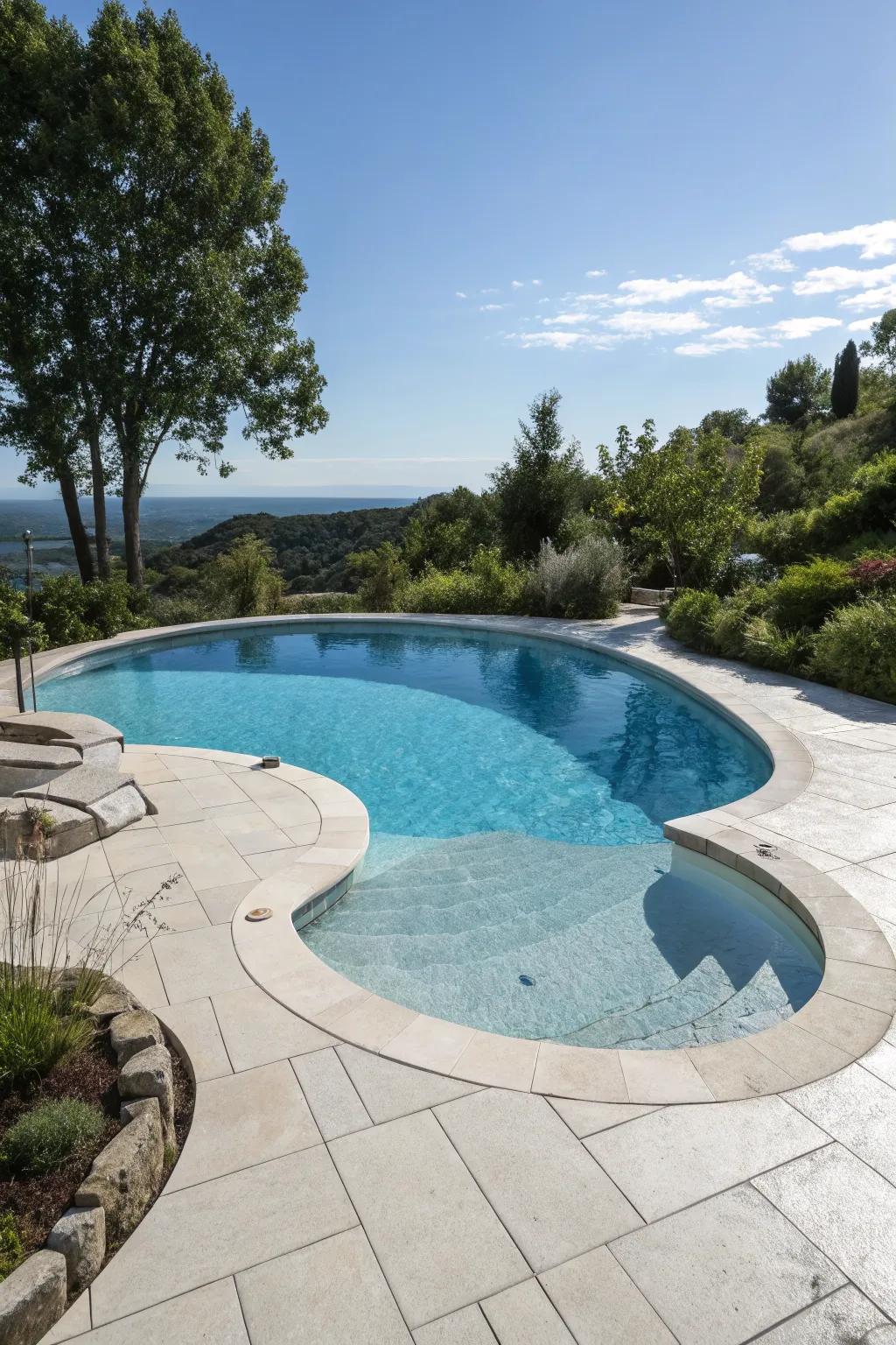 A uniquely shaped freeform inground pool that adds charm to the backyard.