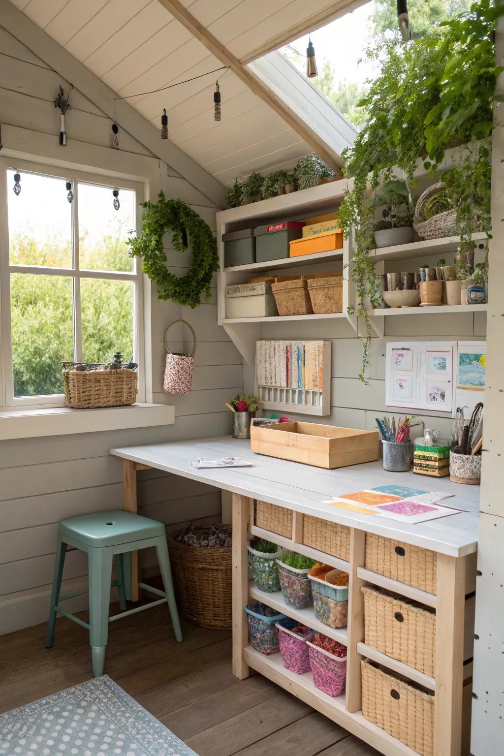 Unleash your creativity in a dedicated crafting corner within your shed.