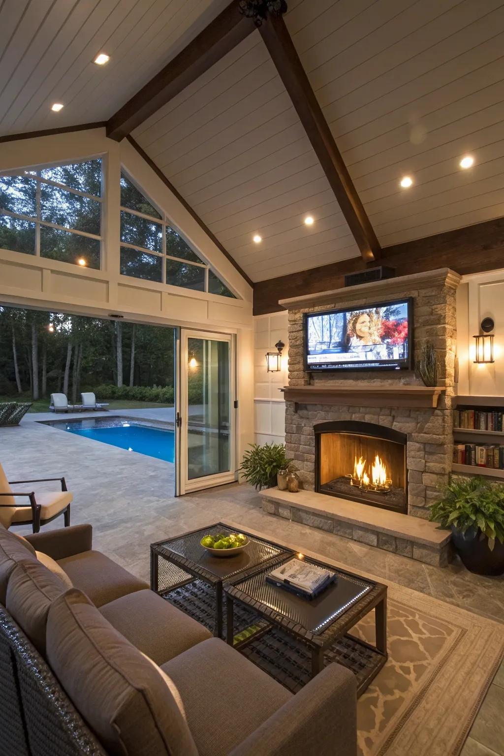 Entertainment-ready pool house with cozy amenities.