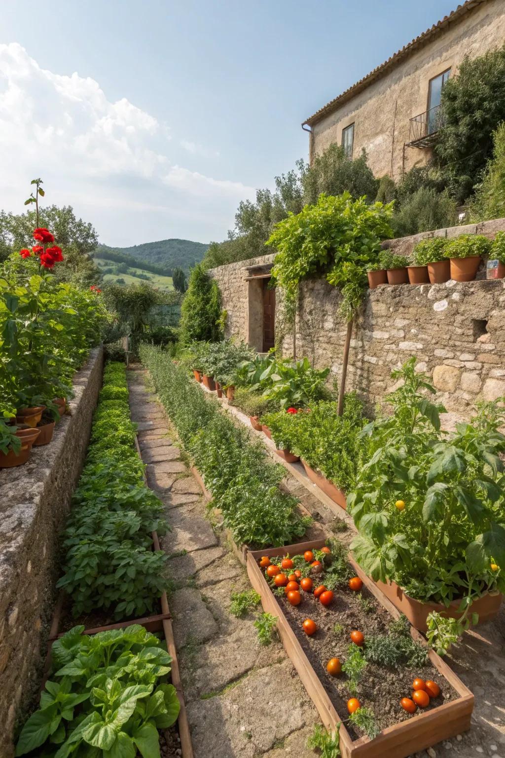 A vegetable garden provides fresh ingredients and adds charm.