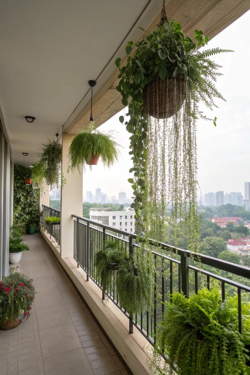 Hanging gardens add vertical greenery to your balcony.